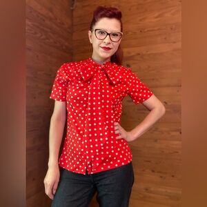 Vintage Joan Leslie by Kasper red & white, short sleeve, polka dot blouse w/bow